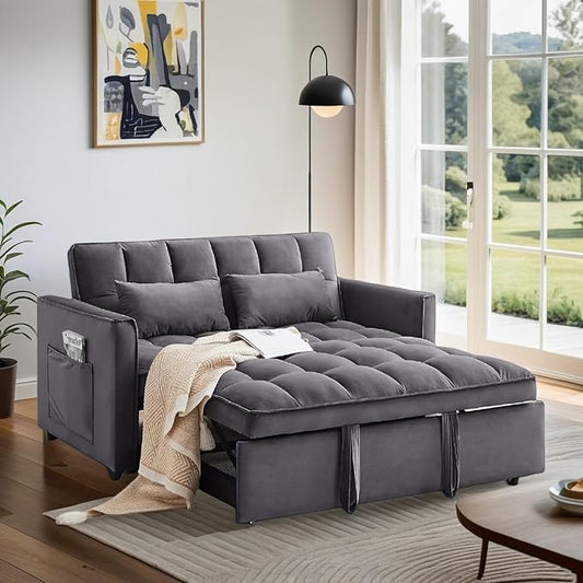 3 In 1 Velvet Convertible Sofa Bed Pull Out Couch Bed with Reclining Backrest And 2 Pillows 54 Full Size Loveseat Sleeper Sofa Futon Couch Bed Couches For Small Spaces Living Room (Grey)