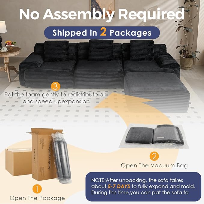 VK·LIVING 113 Cloud Sectional Couch Deep Seat Boneless Sofa with Wide Armrests 16.5'' Height Modular Plush Corduroy Memory Foam Couch for Living Room Office No Assembly Black