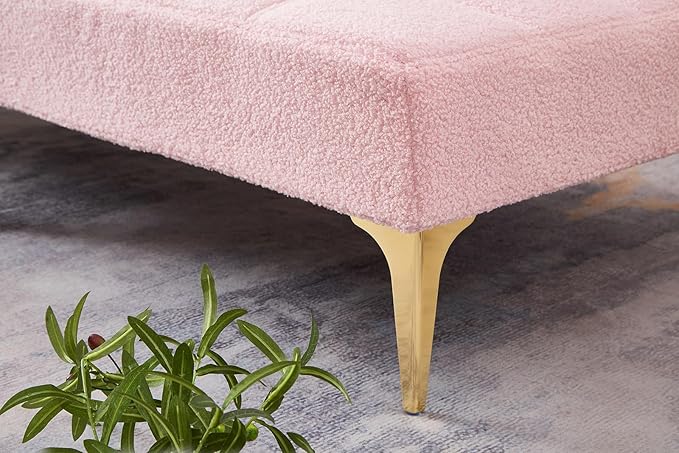 35.5 Convertible Single Sofa Chair Small Futon Chair with Adjustable Backrest Comfy Armless Accent Chair with Pillow Modern Mini Couch Bed with Gold Metal Legs for Living Room Bedroom Pink