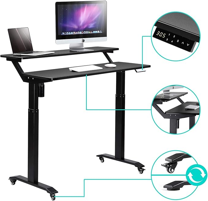 UNICOO Electric Height Adjustable 2-Tier Raising Desk with Wheels Mobile Standing Desk with Monitor Stand Ergonomic Adjustable Computer Table Electric Standing Game Table for Home Office