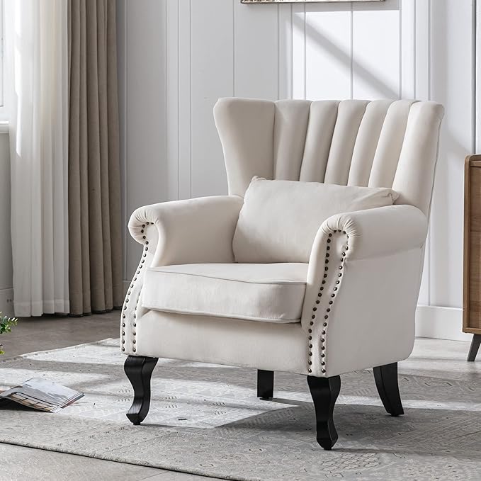 chairus Mid-Century Modern Accent Chair Comfy Single Sofa Chair Channel Back Armchair with Small Pillow for Living Roon Bedroom Club - Velvet Cream