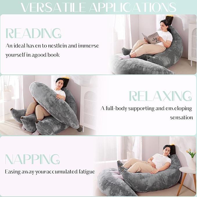 Banana Bean Bag Chair with Ottoman Floor Sofa Bed with Footrest Comfy Convertible Lounger for Adults Plush Couch for Bedroom Living Room or Dorm L-Grey