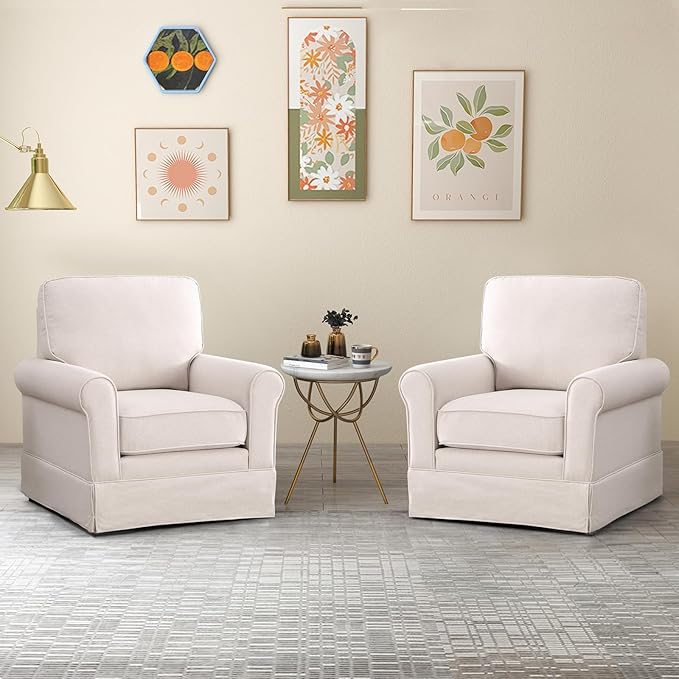 INZOY Swivel Accent Chair Set of 2 Mid Century Modern Chair Comfy Swivel Barrel Reading Chair Upholstered Square Chair for Living Room Bedroom Small Spaces Fully Assembled Beige