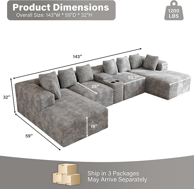 143 Oversized U Shaped Cloud Sectional Couches for Living Room Comfy Fluffy Corduroy Grey Boneless Couch Large Modular Sectional Sofa Set with Chaise Cup Holder USB Port Storage Console
