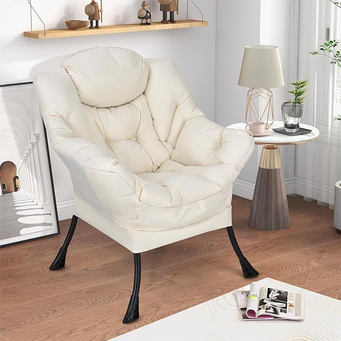 Single Lazy Sofa Chair Modern Lounge Chair Indoor w/Armrests &amp Side Storage Pocket Upholstered Comfy Reading Chair for Bedroom Living Room Office