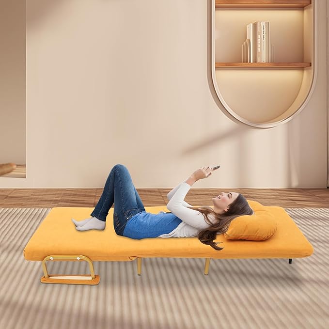 Sleep Chair Bed Convertible Sleeper Chairs for Adults 5-Position Recliner &amp 286lbs Capacity Orange Folding Sofa Bed with Adjustable Backrest &amp Pillow for Small Space Office