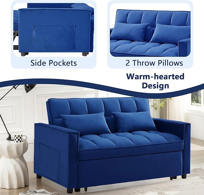 54 Convertible Sofa Bed Velvet Sleeper Sofa with Pull-Out Bed 3-in-1 Futon Couch with Reclining Backrest and Side Pocket Modern Loveseat for Living Room (Dark Blue)
