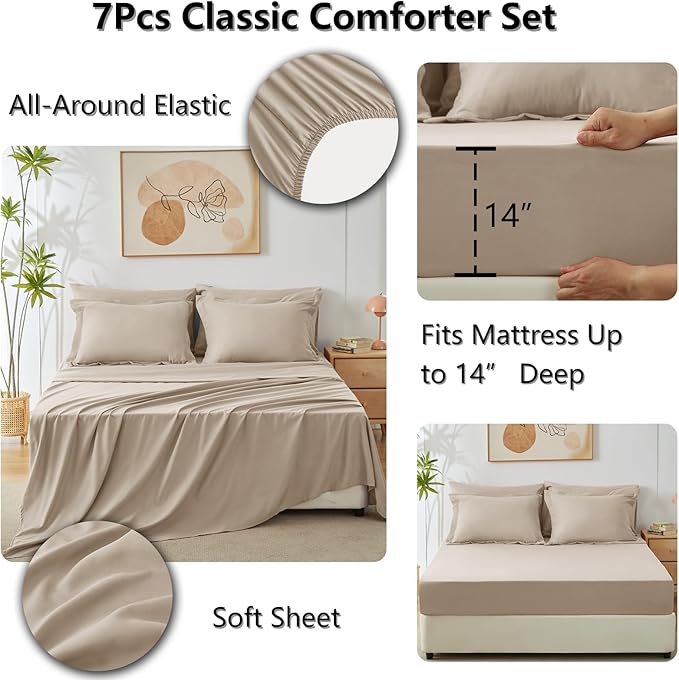 CozyLux Queen Comforter Set Wheat - Bed in a Bag Queen Size 7 Pieces Luxury Soft Bed Set for All Seasons Bedding Set with Down Alternative Comforter Sheets Pillowcases &amp Shams
