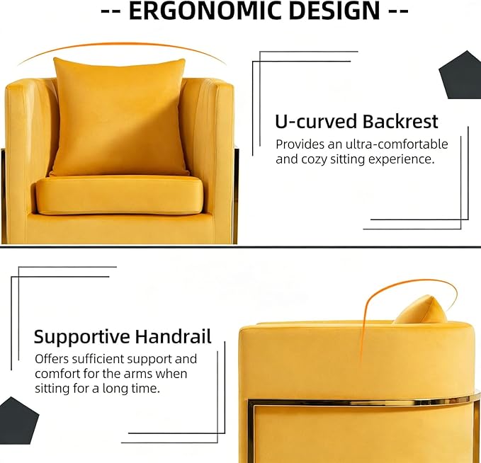 X-VOLSPORT Velvet Accent Chairs Set of 2 Contemporary Barrel Armchairs Living Room Bedroom Club Chair Set with Pillow Channel Tufted Gold Finish Base Yellow