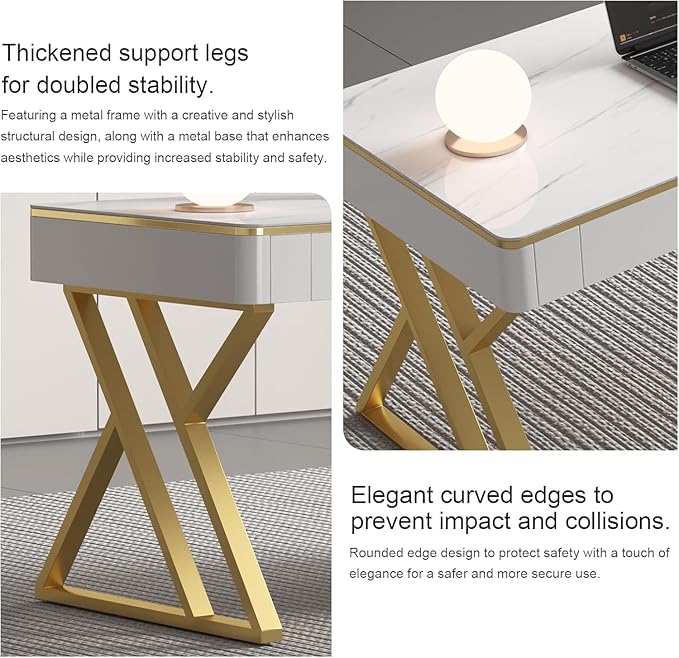 Executive Desk with Drawers White Computer Desk with Drawers with Tempered Glass Top &amp Marble Pattern 47 inch Modern Home Office Desk with Charging Station for Study Living Room Bedroom