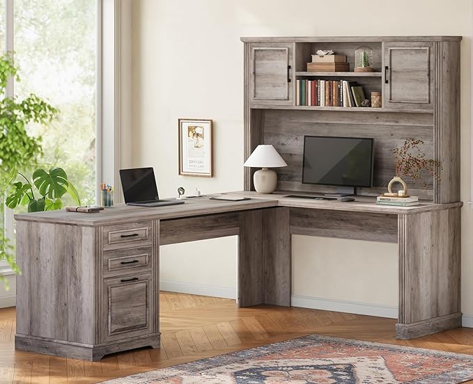 Itaar Farmhouse Executive L Shaped Desk Home Office Desk with File Drawer and Power Outlet Computer Corner Desk with Hutch and Drawer Workstation for Office Home Grey