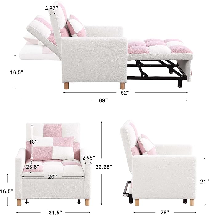 Convertible Sleeper Sofa Chair 3 in 1 Multi-Function Folding Ottoman Couch Sigle Pull-Out Bed with Adjustable Backrest and Pillow for Living Room Apartment Office Pink&ampWhite