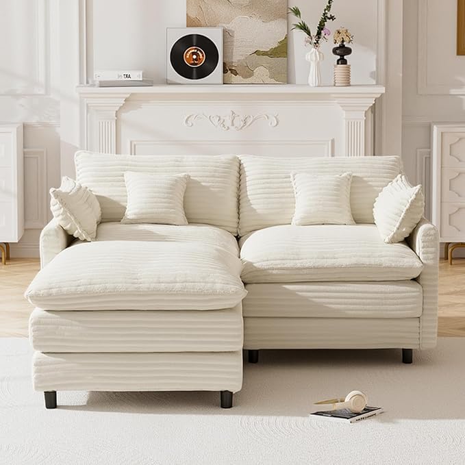 HYJT-H&ampK 74 L Shaped Cloud Couch Modular Small Sectional Couches for Living Room Small Spaces Comfy Fluffy Corduroy Cloud Loveseat with Ottoman 3 Seat Sectionals Sofa White