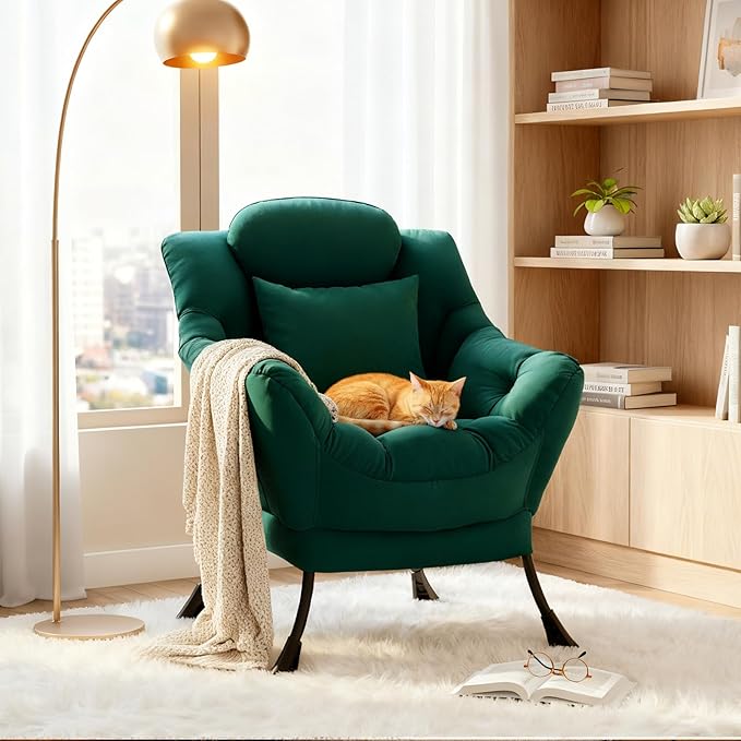 Lazy Chair Large Accent Chair Modern Comfy Armchair Dark Green Chair for Living Room Bedroom Dorm Room Office Apartment Reading Relaxing Use