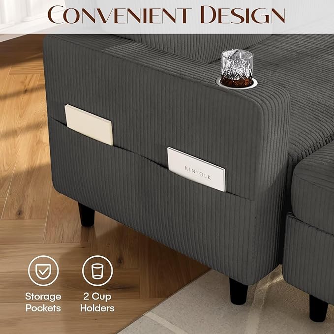 Convertible Sectional Couches for Living Room 3 Seats L Shaped Sofa with Storage Ottoman and 2 Cup Holders Modern Corduroy Couch Small Sofas for Small Space Apartment Office Dark Grey