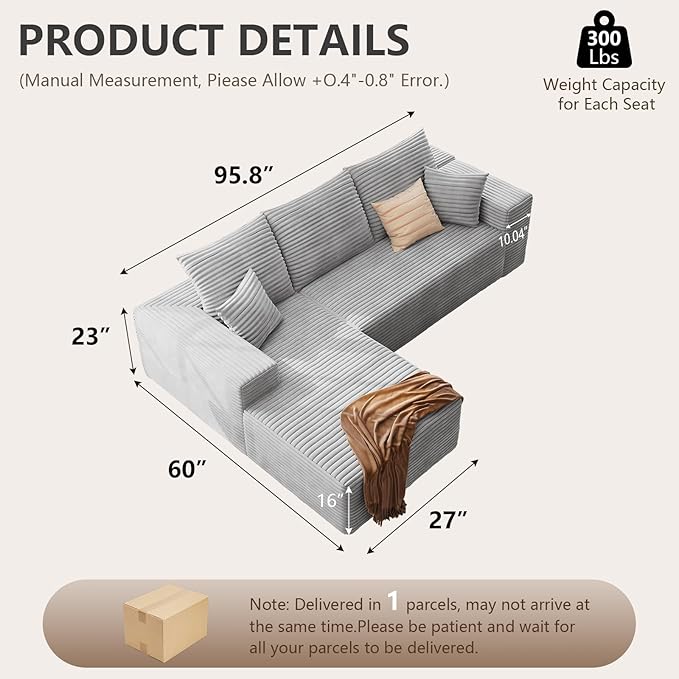 95 Cloud Sectional Couch with L-Shape Chaise Modern Corduroy Boneless Deep Seat Sofa 3-Seater Modular Sleeper Couch for Living Room BedroomApartmentNo Assembly (Light Grey Left-Facing Chaise)