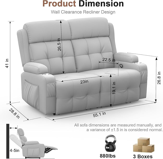 Reclining Loveseat Massage Loveseat Recliner Sofa Heavy Weight Capacity RV Love Seat Chair Clearance with Console USB Type C Port Storage Cup Holders Wall Hugger Couch (Light Gray Loveseat)