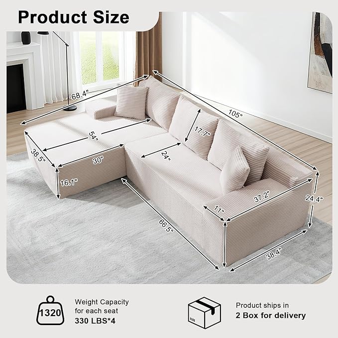 105 Cloud Modular Sectional Couch with L-Shape Chaise Upholstered Corduroy Couches for Living Room No Assembly Required Deep Seat Boneless Sofa (Beige Left Facing Chaise)