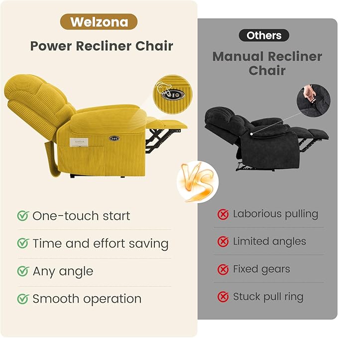 Power Recliner Chair Reclining Chair Comfy Corduroy Small Recliners for Small Spaces Adjustable Electric Recliner Chairs for Adults Electric Recliners with USB Port &amp Side Pockets Apricot