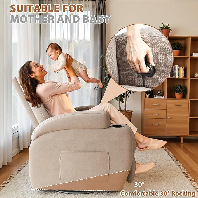 Flamaker Swivel Rocker Recliner Chair with Vibration Massage 360° Swivel Recliner Chairs for Adults Ergonomic Lounge Chair with Cup Holders Lazy Boy Recliner Single Sofa Seat (Fabric Khaki)