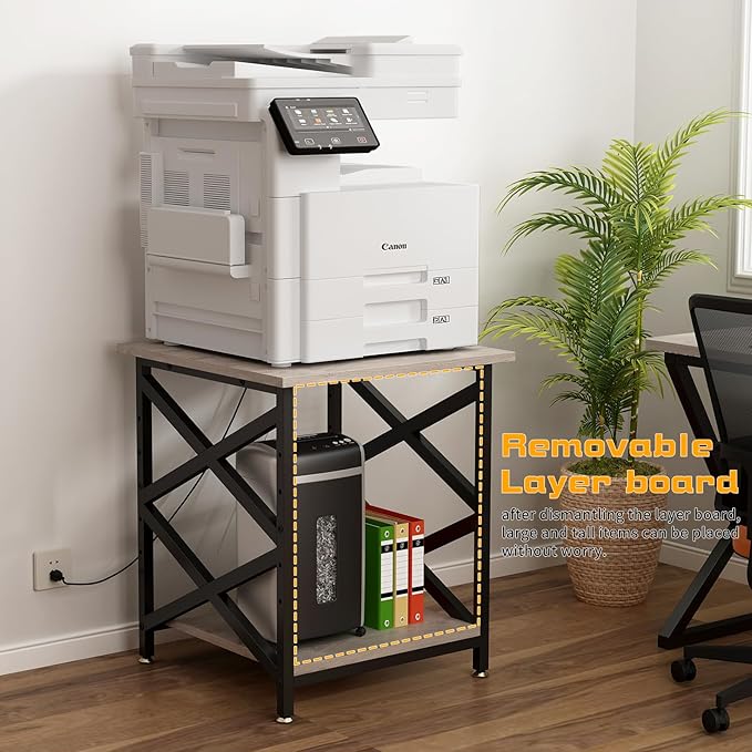 Large Printer Stand with Power Outlet with Height Adjustable Storage Shelf 3 Tier Rolling Printer Cart with Industrial Wheels 23.6 x 23.6 Inches Printer Table for Home Office Greige