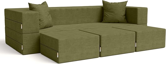 Jaxx Zipline Convertible Sleeper Sofa &amp Three Ottomans/California King-Size Bed Moss