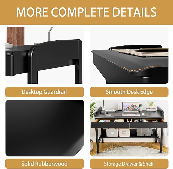 100% Solid Wood Desk with Drawers - 40 Inch Simple Modern Desks Writing Desk with Drawers &amp Shelf Work Study Table Adjustable Height Home Office Computer Desks - Black