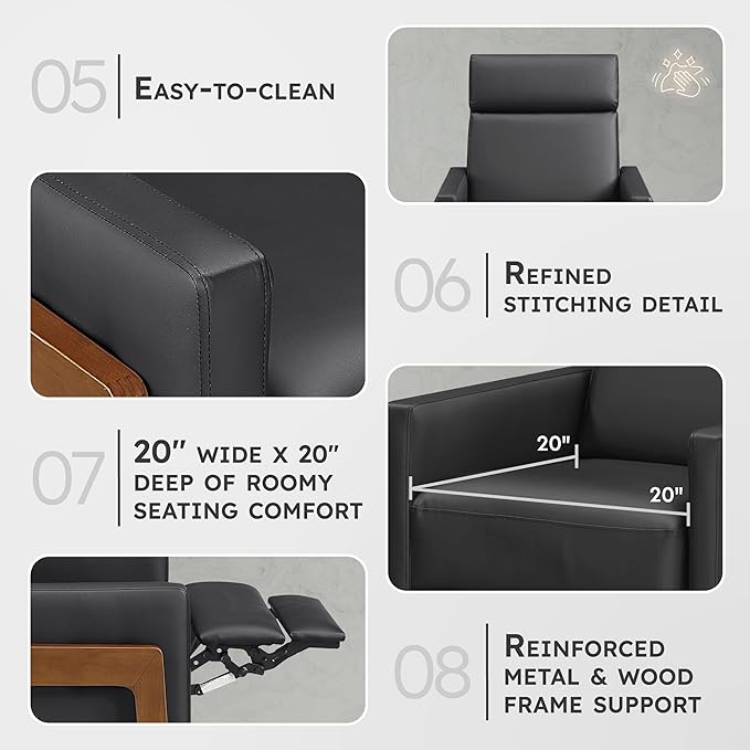 Lexicon Push Back Recliner Chair Faux Leather Upholstered Reclining Chair with Footrest Exposed Dark Brown Finish Wood Frame Small Recliner for Small Space Living Room Bedroom Black