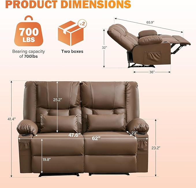 Brown Leather Reclining Loveseat with Massage/Heat/Pillow/USB/Cup Holders Oversized Loveseat Recliner for Living Room Manual Reclining Sofa for Adults 700 Lbs Capacity (Brown)