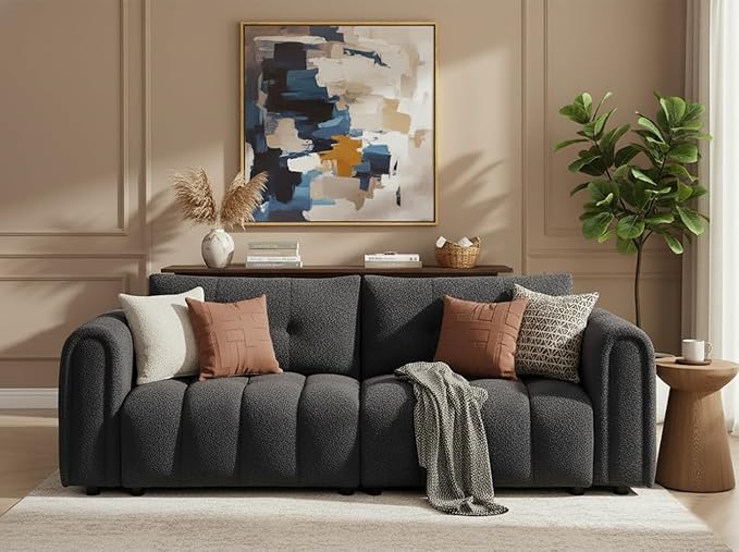 91.5 W Cloud Boucle Sofa for Living Room Modern Comfy Boucle Couch with Rolled Arms and Soft Pillows Teddy Oversized Loveseat for Apartment Studio Bedroom Dark Grey