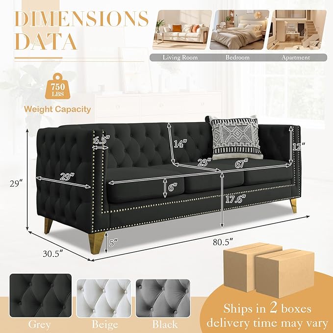 Chesterfield SofaVelvet 3 Seater Modern Couch with Button Tufted &amp Nailhead Trim Upholstered Deep Seat Couch Oversized Comfy Sofa for Living Room Bedroom Apartment Office(80.5W Black)