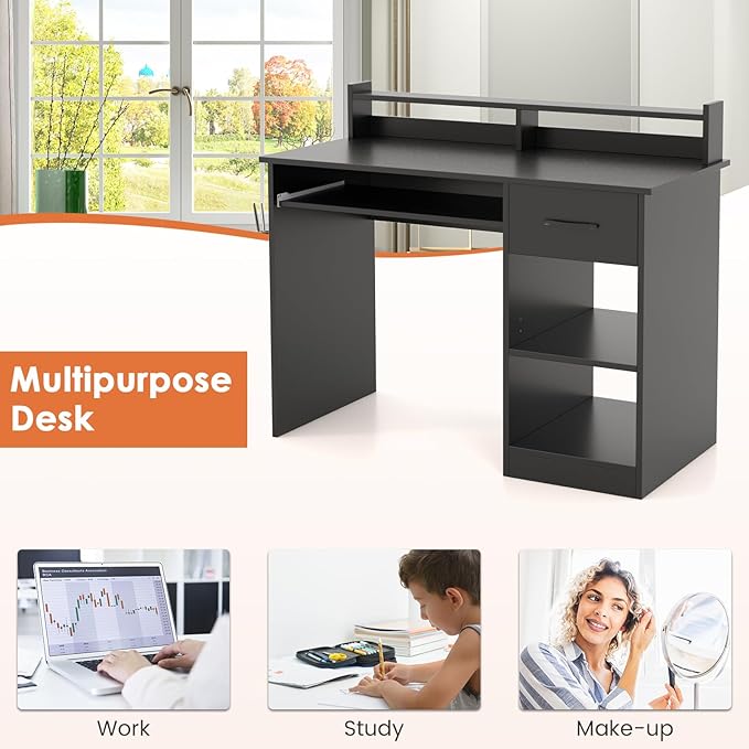 Computer Desk with Drawers Study Table with Storage Shelves Keyboard Tray Wood Makeup Vanity Table Small Desk for Bedroom Study Living Room Home Office (Black 35.5''H)