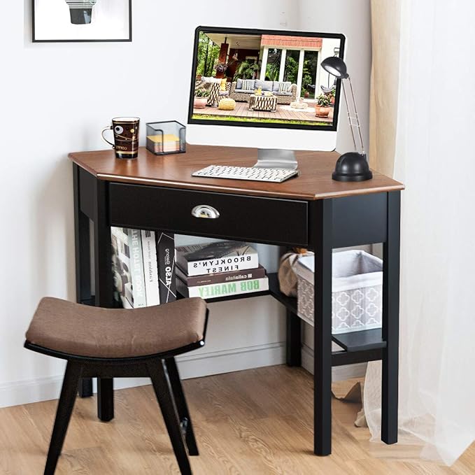 RELAX4LIFE Corner Computer Desk Triangle with Drawer and Shelves Stable Laptop PC Table Home Office Writing Desk Study Workstation Desk (Coffee)