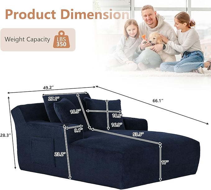 66 Oversized Chaise Lounge Chair Indoor Modern Upholstered Deep Seat Sofa Bed Sleeper Couch Reading Chairs Comfy Corduroy Cloud Sofas Couches for Living Room No Assembly Dark Blue