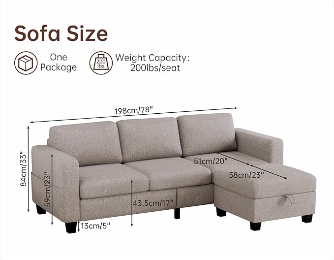 Sectional Sofas Couches for Living Room 3 Seater L Shaped Couch with Storage Ottoman 78 Modern Linen Fabric Brown Sofa for Apartment Studio Office Small Space