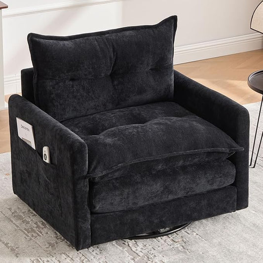 Swivel Accent Chairs for Living Room 36.2 Comfy Swivel Chair with Solid Metal Base Single Sofa with Pillows &amp Side Pockets (Black)