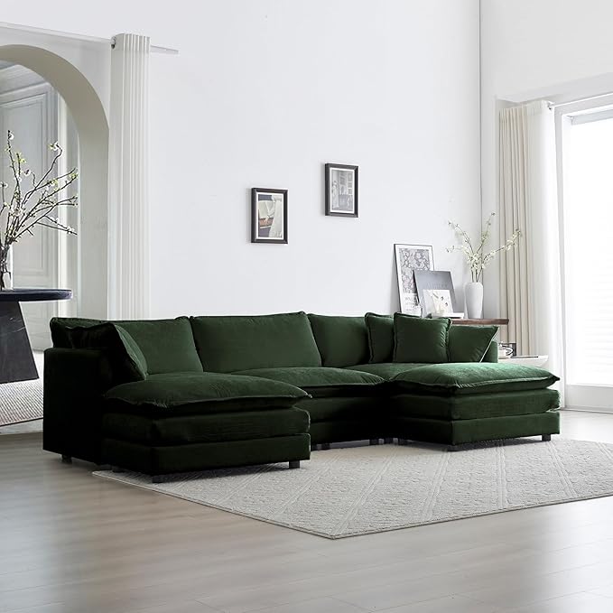 WILLIAMSPACE 111.5 Sectional Sofa Couch for Living Room Modern Upholstered U-Shaped Sofa with 2 Ottoman &amp Toss Pillows Modular 5 Seat Sofa Furniture for Apartment Chenille Fabric (Green)