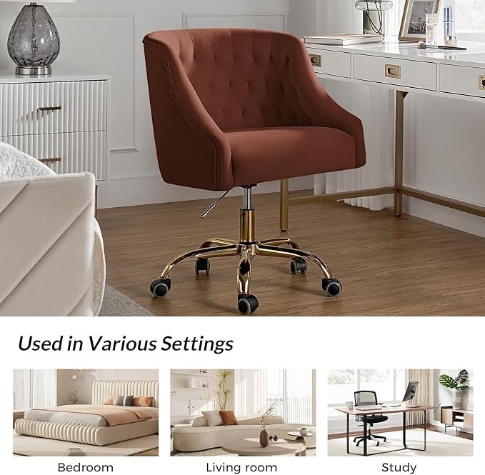 TINA'S HOME Velvet Home Office Chair with Gold Base Comfortable Modern Cute Desk Chair Adjustable Swivel Task Chair for Living Room Bedroom Vanity Study Burn-Brick