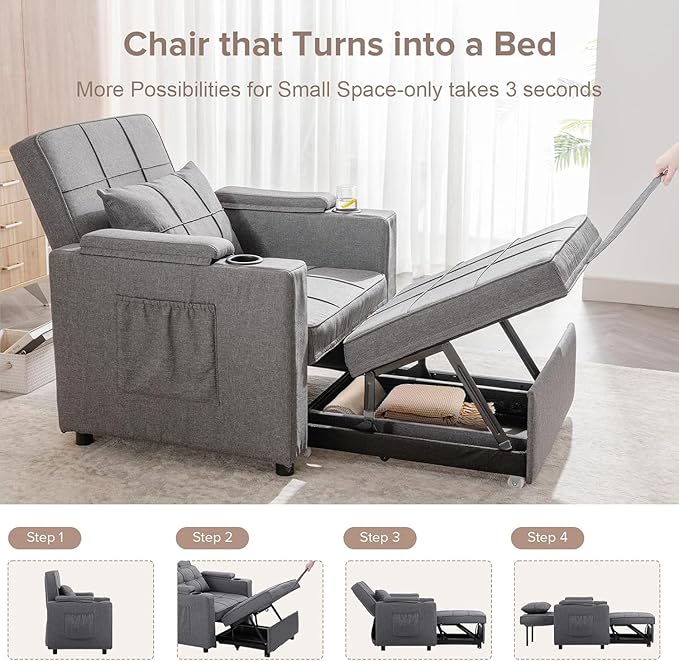 COMHOMA Sleeper Chair BedConvertible Sofa Bed Armchair with Cup Holders3-in-1 Futon Bed Chair with Side Pocket Pull Out Sofa Bed Couch for Living RoomBedroom (Grey)