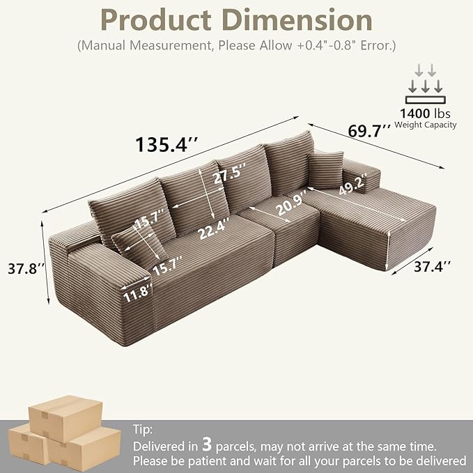 135 Cloud Sectional Couch with L-Shape Chaise Modern Modular Comfy Sofa Chaise Longue Upholstered Corduroy Couches Sleeper with Deep Seat for Living Room Bedroom No Assembly Required Camel