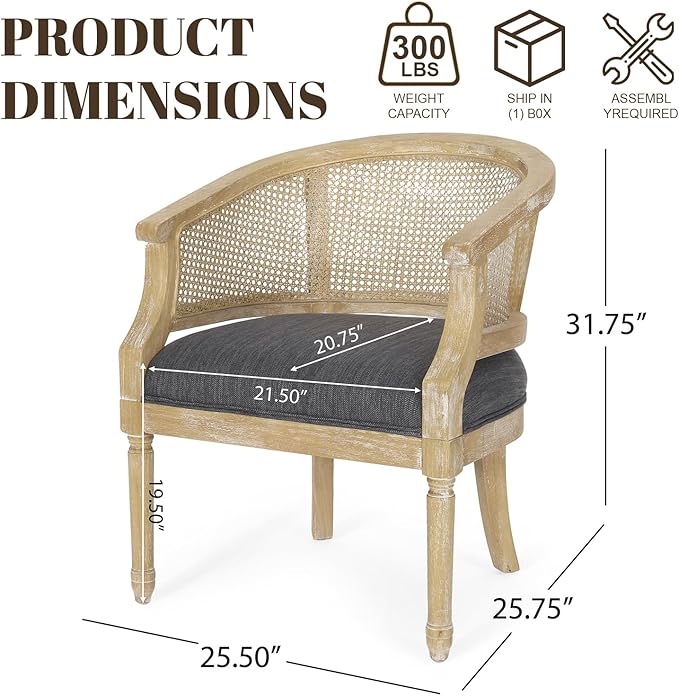 French Country Accent Chair for Living Room Mid Century Modern Reading Armchair with Cushion and Slender Turned Legs Single Sofa Chair with Rattan Backrest for Bedroom Club Charcoal