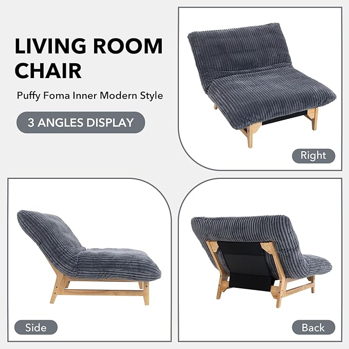 Modern Accent Chair Comfy Corduroy Upholstered Living Room Chair with Cushion Comfortable Accent Sofa Chair with Wooden Frame Armless Lazy Sofa for Living Room Bedroom (Dark Grey) | Cushion