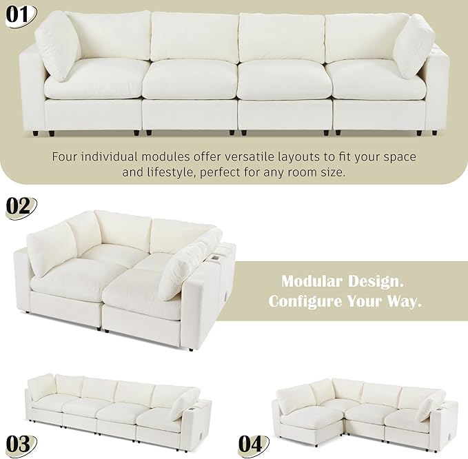 Eafurn 133.5 Free Combination Modular Sectional Sofa 4-Piece Convertible Corner Couch Lounge Sofa with Speakers &amp USB-C Ports Hidden Armrest Storage Premium Chenille Upholstery | Breathable ma