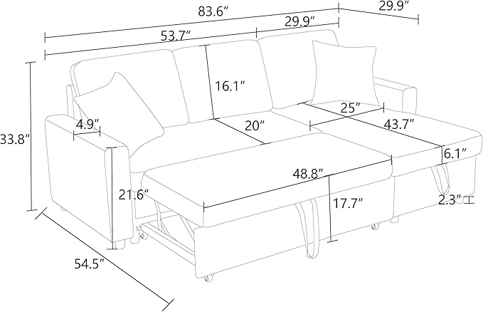 FONTOI 83 Inch L Shaped Sectional Couch with Pull Out Bed 3-Seat Sleeper Sofa with Chaise Convertible Sofa Bed for Living Room Apartment Gray