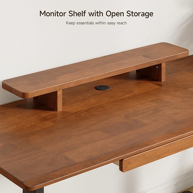 ONBRILL Standing Desk with Drawer 55x23.6 Inches Solid Wood Desktop Stand Up Desk with Whole-Piece Board and Storage Shelf Adjustable Height from 28-46 Inches for Home &amp Office Brown