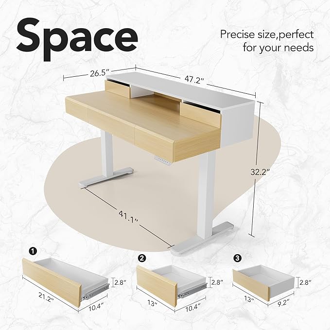 HUANUO Standing Desk with Drawers 48 Inches Electric Height Adjustable Desk with Storage Whole-Piece Board Sit Stand Up Desk with Monitor Shelf Light Walnut