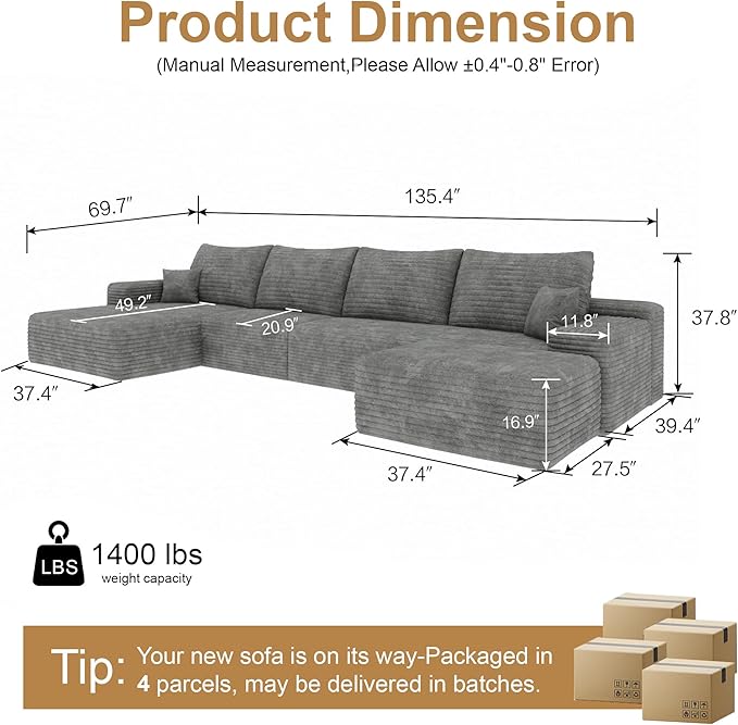 136 Sectional Couches for Living Room Cloud Couch Sofa with L-Shape Upholstered Boneless Couchs Modern Modular Sectional Couch with Chaise (Grey 136 Left Facing Chaise+3Seaters+Ottoman)