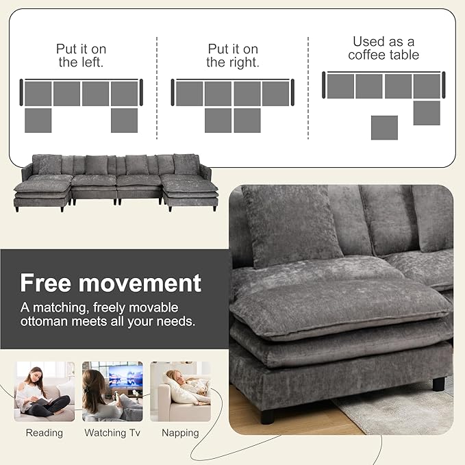 Sectional Sofa Modular Deep Seat Sofa Couch with Ottoman 143'' Chenille Sofa Sleeper Comfy Upholstered Furniture for Living Room Apartment Studio Office (Gray 143.31- U Shape)