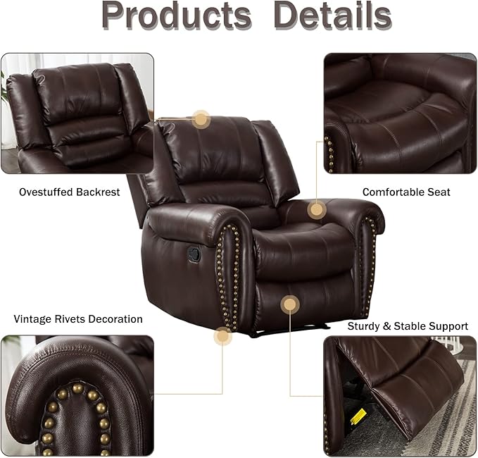 CANMOV Leather Recliner Chair Classic and Traditional Manual Recliner Chair with Comfortable Arms and Back Single Sofa for Living Room Brown
