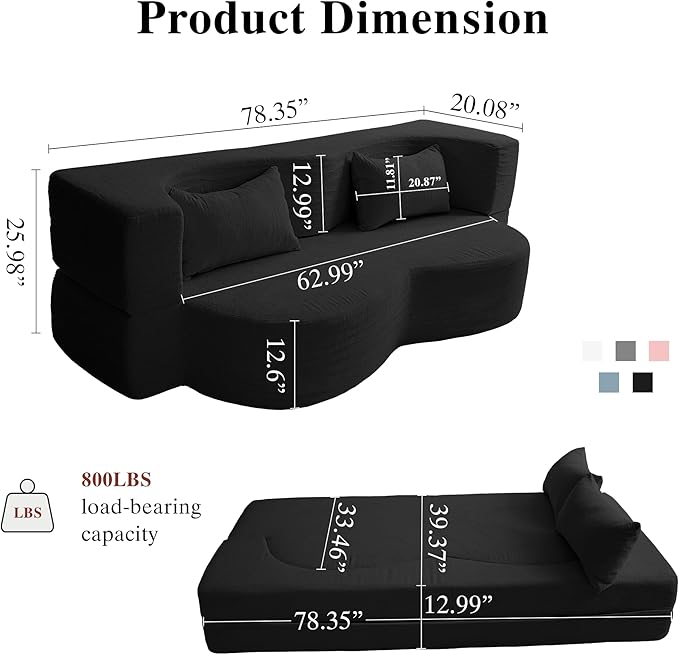 2-in-1 Folding Convertible Sofa Bed - 78 Inch Boneless Teddy Loveseat Sleeper Foldable Floor Futon Couch with Pillow Pull-Out Modular Matress for Small Spaces (Living Room/Bedroom/Dorm) (Black)